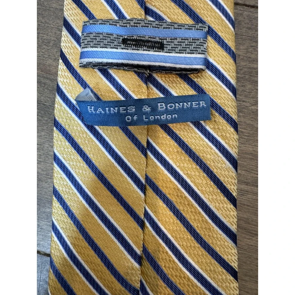 Haines & Bonner Tie Mens One Size Yellow Blue Striped Silk Woven Handmade London